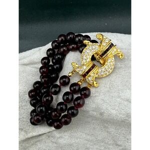 Vintage Nolan Miller Beaded Bracelet Bordeaux Gold Tone Rhinestone‎ Red 7.5"